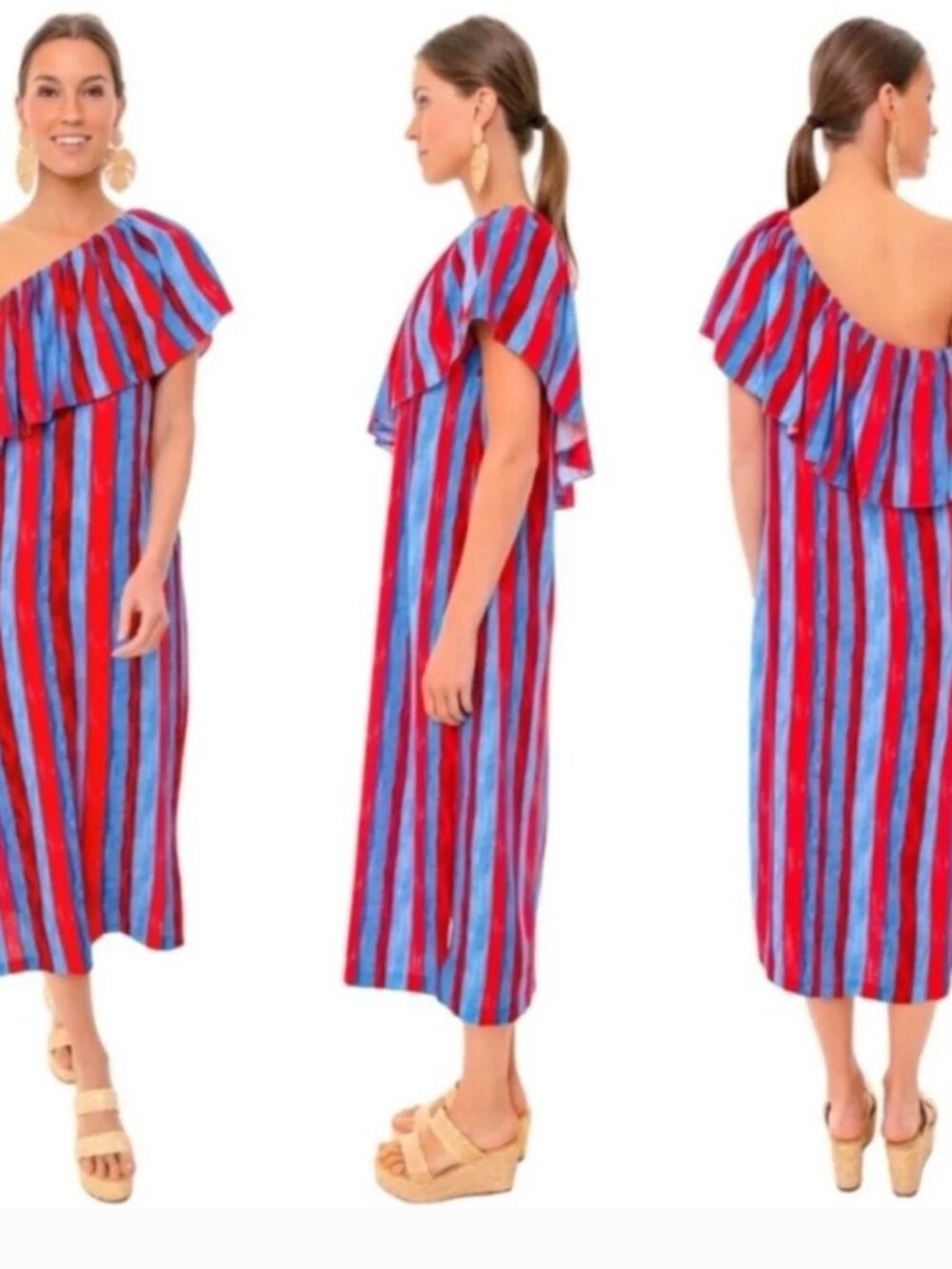 Tuckernuck Pomander Place One-Shoulder Ruffle Dress in Red and Light Blue stripe
